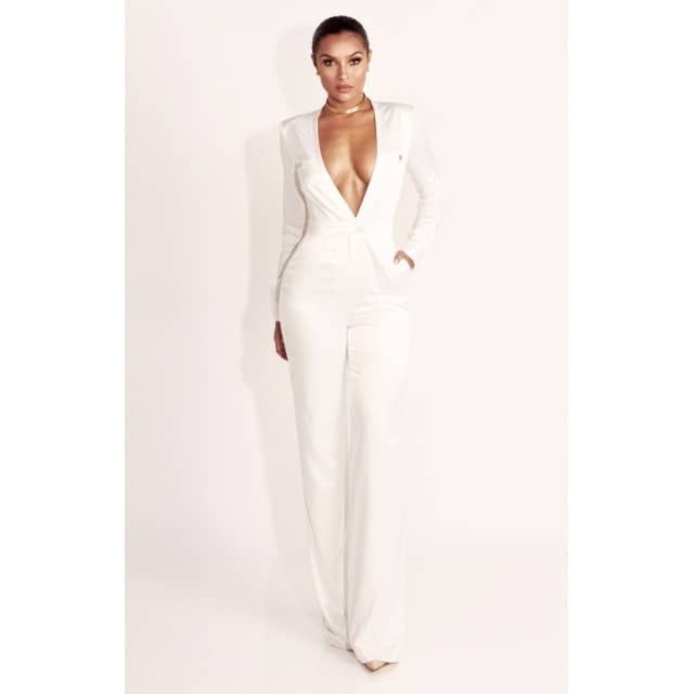 JLUXBASIX White Sinclair Simply Satin Jumpsuit